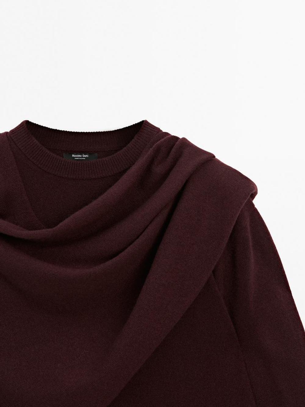Massimo Dutti Свитер из 100% шерсти с шарфом, гранатовый