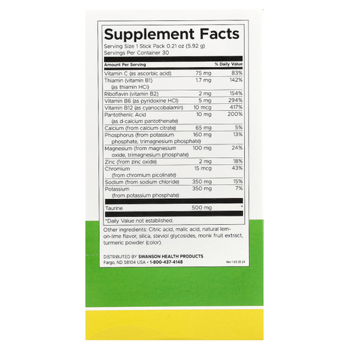 Swanson Vitamins, Simply Hydrate, смесь для гидратации электролитов, лимон и лайм, 30 пакетиков по 5,92 г (0,21 унции)