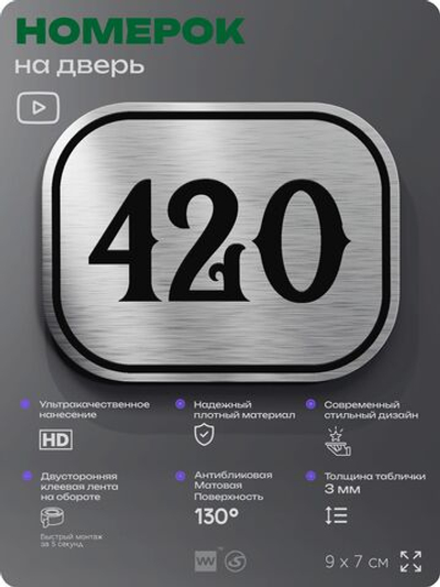 Номерок на дверь квартиры 420, для кабинета, офиса, шильдик 9 х 7 см, брашированная сталь, Айдентика Технолоджи