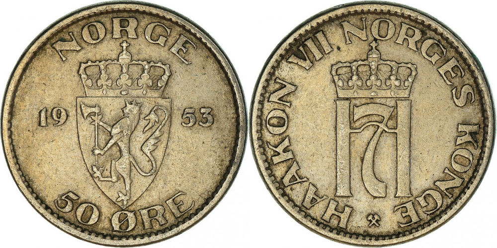 Норвегия 50 эре, 1953 - 1957 Король Хокон VII XF