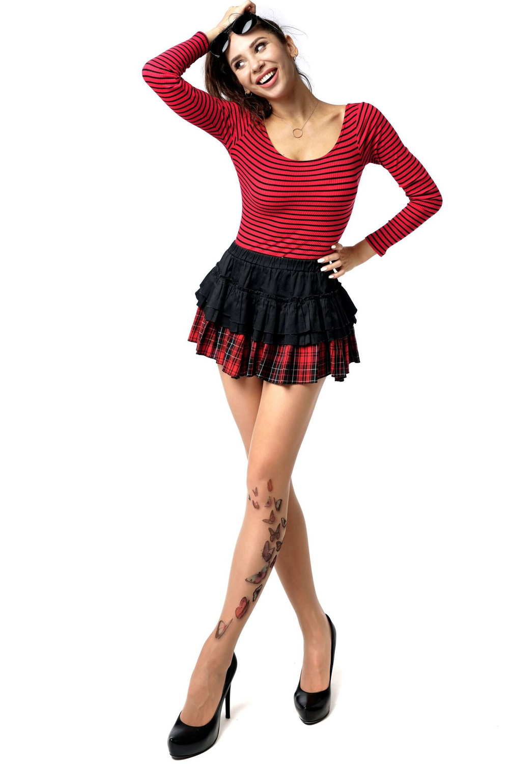 Колготки с разноцветными бабочками на левой ножке (Размер: S-M-L) (Цвет: бежевый)