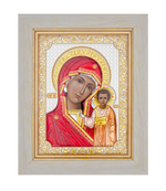 Казанская БМ, икона прямоугольная в рамке под стеклом, белое дерево, эмаль 232х280