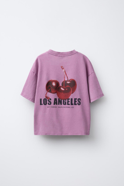 ZARA ФУТБОЛКА С ПРИНТОМ «ФРУКТЫ», БУРГУНДСКИЙ