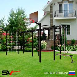 Уличная шведская стенка Sv Sport рукоход х 2 с комплектом турник прямой 2шт У52677К (Турник/Брусья/Скамья/Гнездо 80см/Щит баскет/Кронш бокс/Канат/кольца/лестница/Сетка)