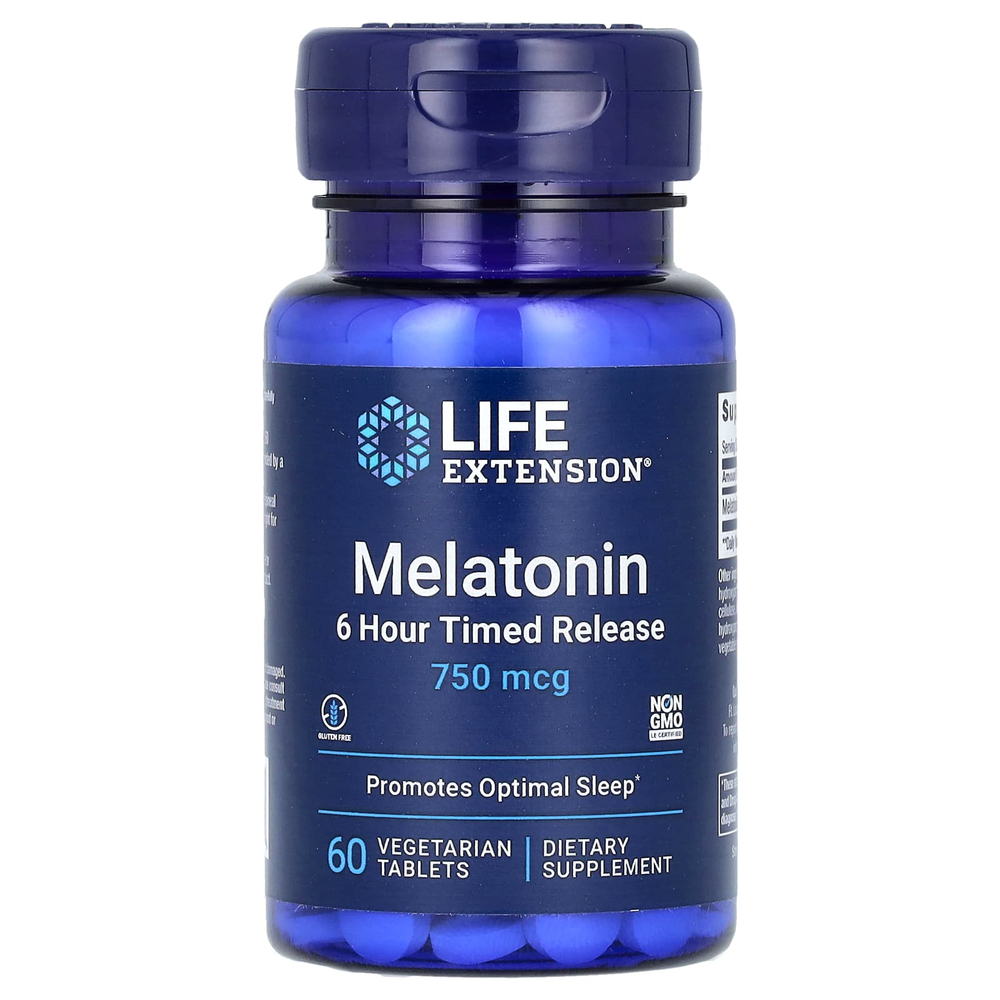Life Extension, мелатонин, с медленным 6-часовым высвобождением, 750 мкг, 60 вегетарианских таблеток