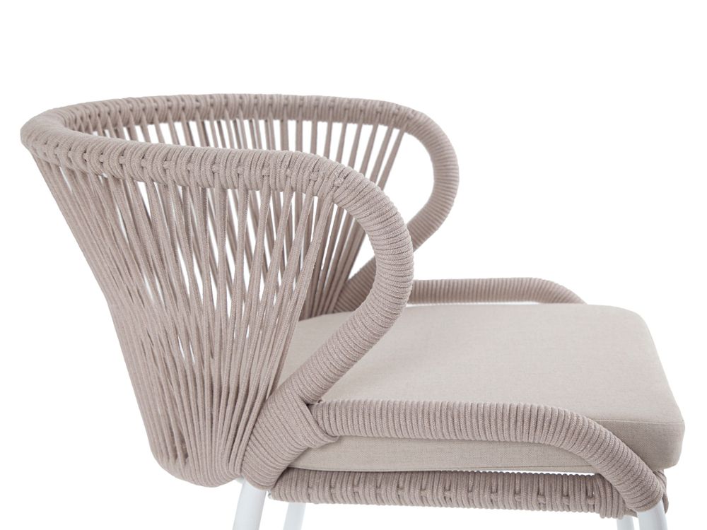 "Милан" стул плетеный из роупа, каркас алюминий белый муар, роуп бежевый круглый, ткань бежевая 15052