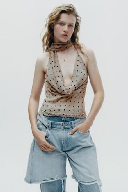 ZARA ТОП В ГОРОШЕК С ПЛАТКОМ И ГОРЛОВИНОЙ ХАЛТЕР, БЕЖЕВЫЙ/НЕЖНО-КОРИЧНЕВЫЙ