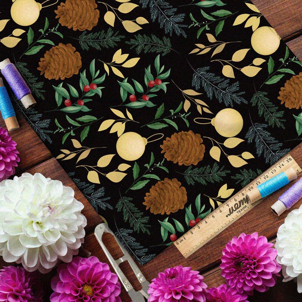 Ткань таффета клюква, хвойные ветки, шишки и ёлочные шары