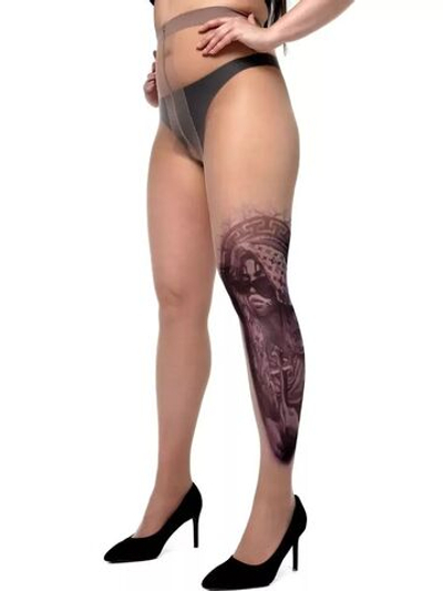 Колготки +size с имитацией крупного тату на левой ножке (Размер: XL-XXL-XXXL) (Цвет: бежевый)