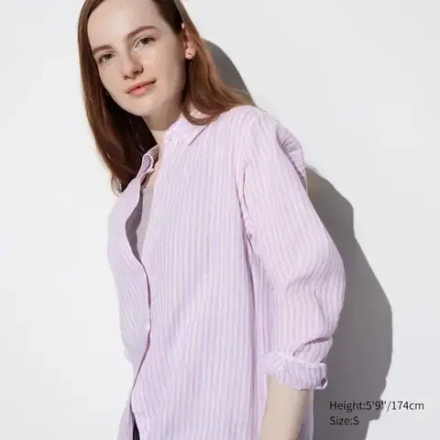 UNIQLO РУБАШКА В ПОЛОСКУ ИЗ 100% ЛЬНА ПРЕМИУМ-КЛАССА, ФИОЛЕТОВЫЙ