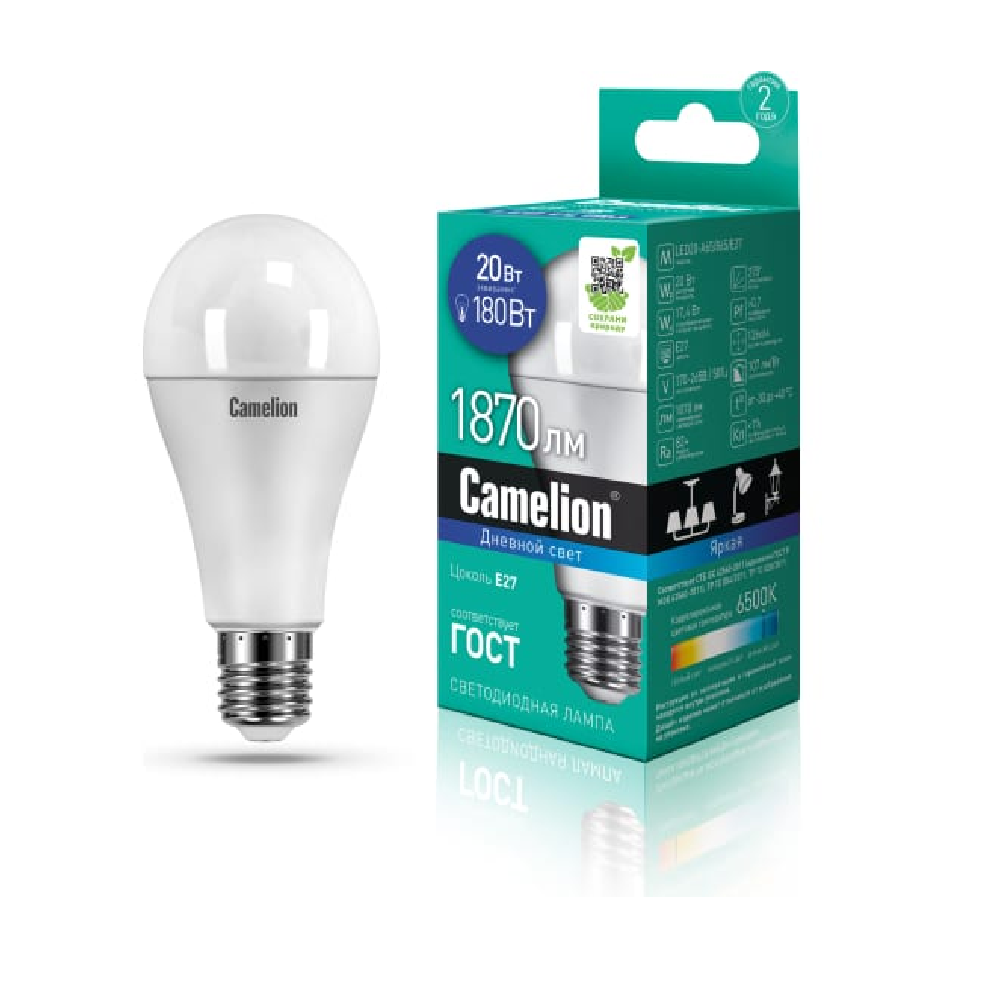 Camelion Лампа св/д ЛОН A65 E27 20W 1870lm 270 град. 6500K 6K матов. 134x65 LED20-A65/865/E27