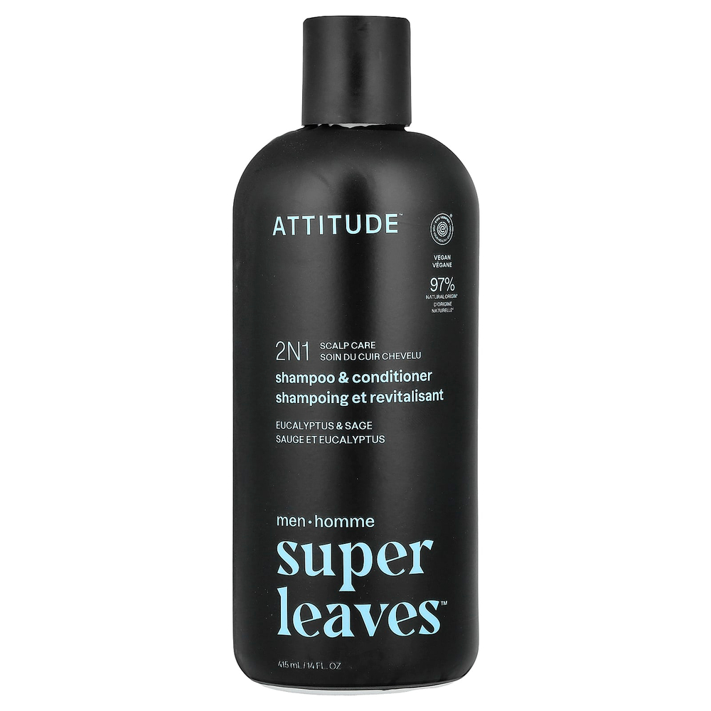 ATTITUDE, Super Leaves™, 2N1, шампунь и кондиционер для кожи головы, для мужчин, эвкалипт и шалфей, 415 мл (14 жидк. унций)