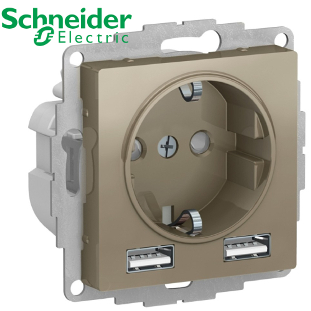Розетка с/з + 2 USB (шампань) AtlasDesign Schneider ATN000530