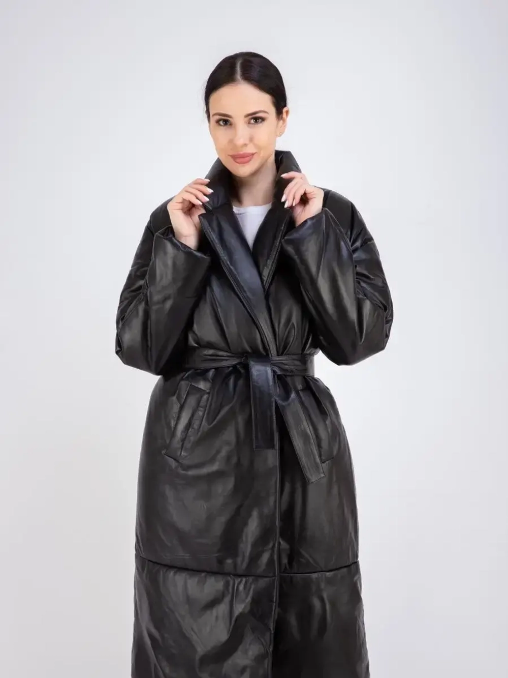 Пальто женское кожаное утепленное длинное Турция