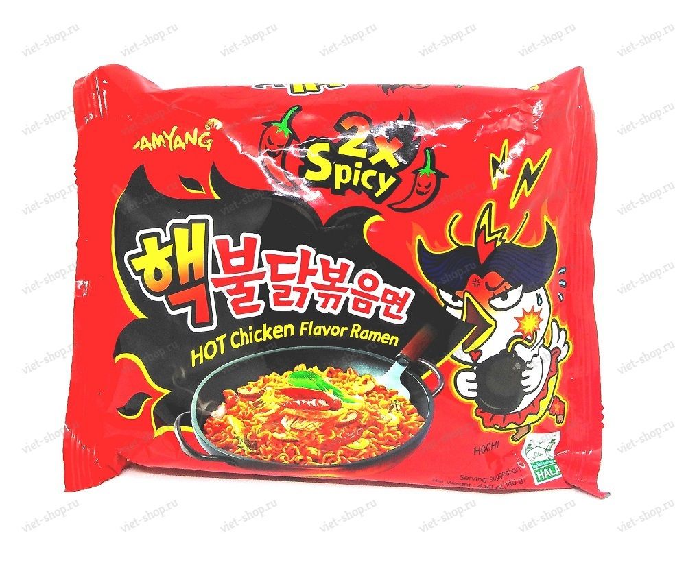 Корейская пшеничная лапша со вкусом курицы, очень острая Hot Chiken flavor ramen 2x spicy, 140 гр.