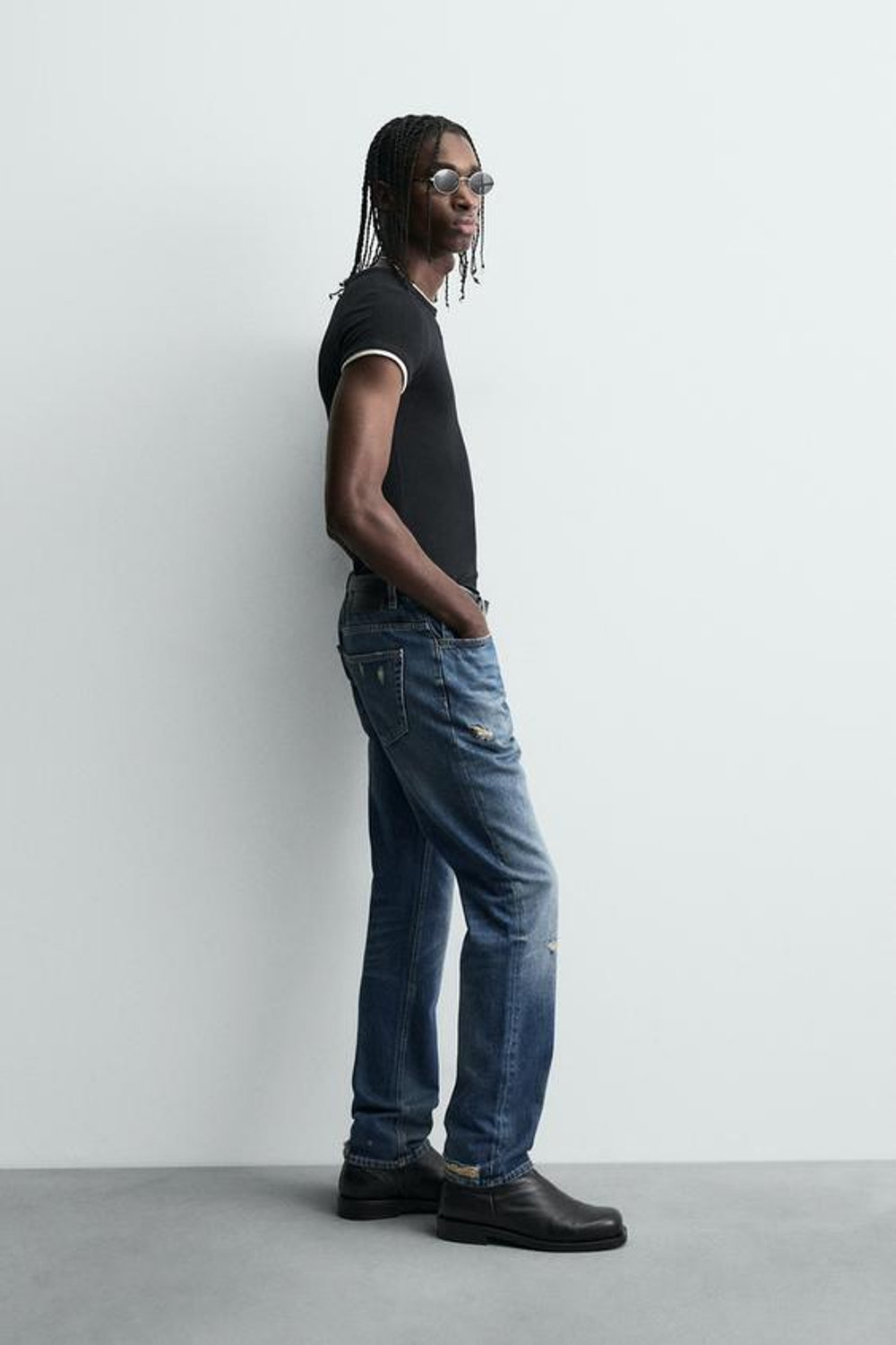 ZARA ДЖИНСЫ SLIM FIT С РАЗРЕЗАМИ, ВЫЦВЕТШИЙ СИНИЙ