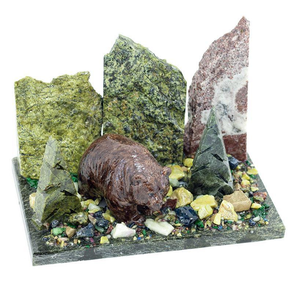 Сувенир "Мишка у ёлки" камень змеевик 80х160х100 мм 1000 гр. R116046
