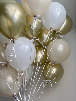 Воздушные шары под потолок хром золото/белый/песок бантики №5041