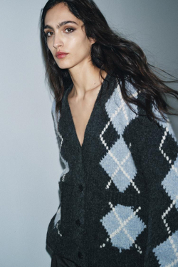 ZARА ЖАКЕТ 100% ШЕРСТЬ РОМБЫ, СЕРЫЙ/СИНИЙ