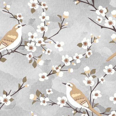 Весенние птицы и цветы на сером