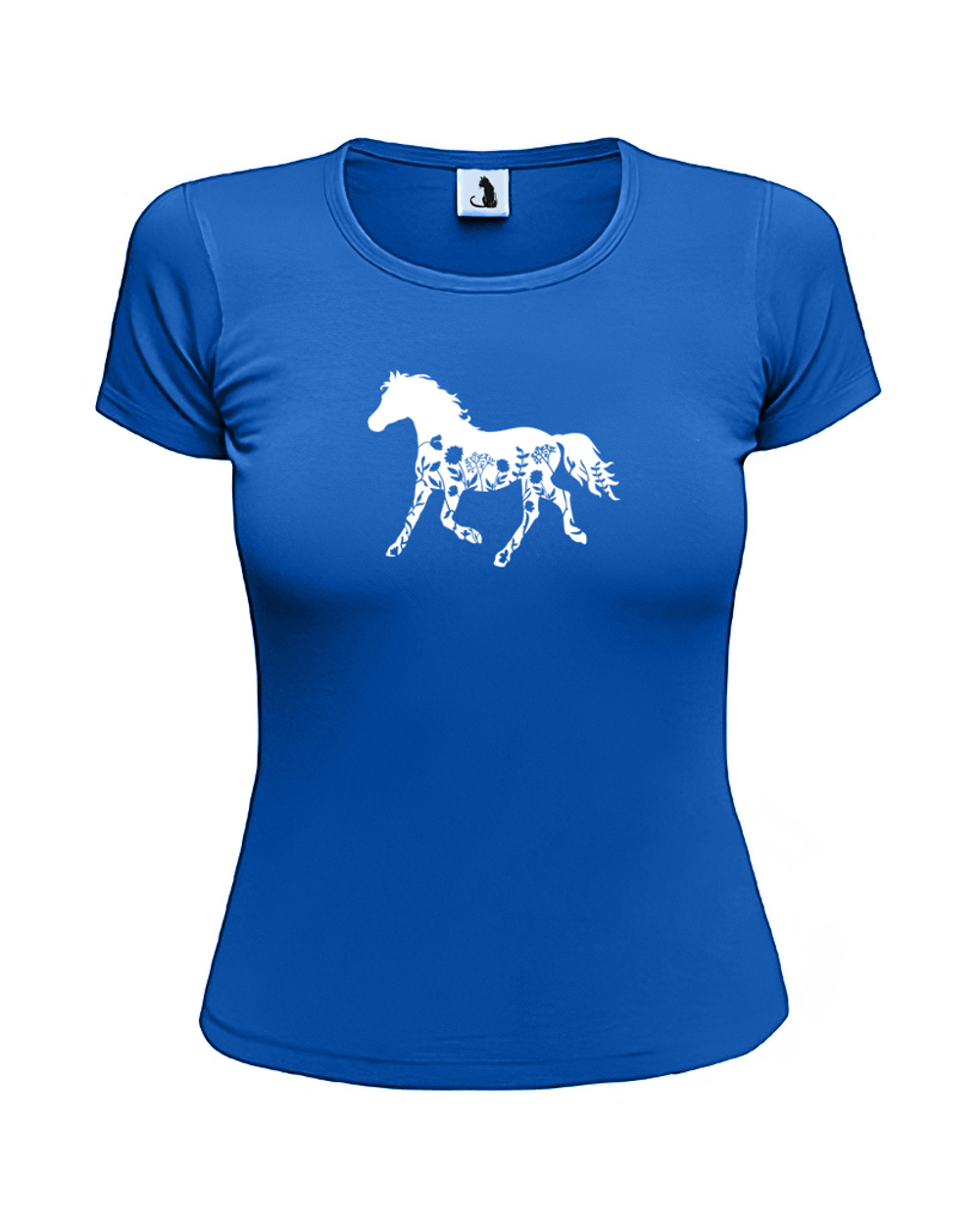 Футболка с лошадью и цветами женская приталенная синяя с белым рисунком
