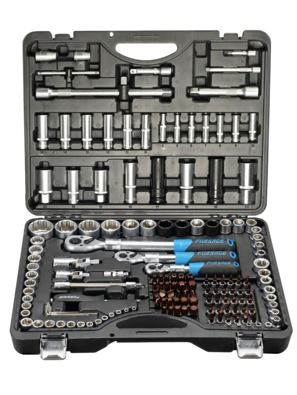 Набор инструмента 150+6пр.1/4''3/8''1/2''(6-гр.)(4-36мм, 3/8'':10-19мм 12гр., 1/2'':27,30,32,36-12гр.)+(биты 5/16'':М6,8,10,12,14, гибкий удлинитель 1 Forsage F-41501-5 PREMIUM