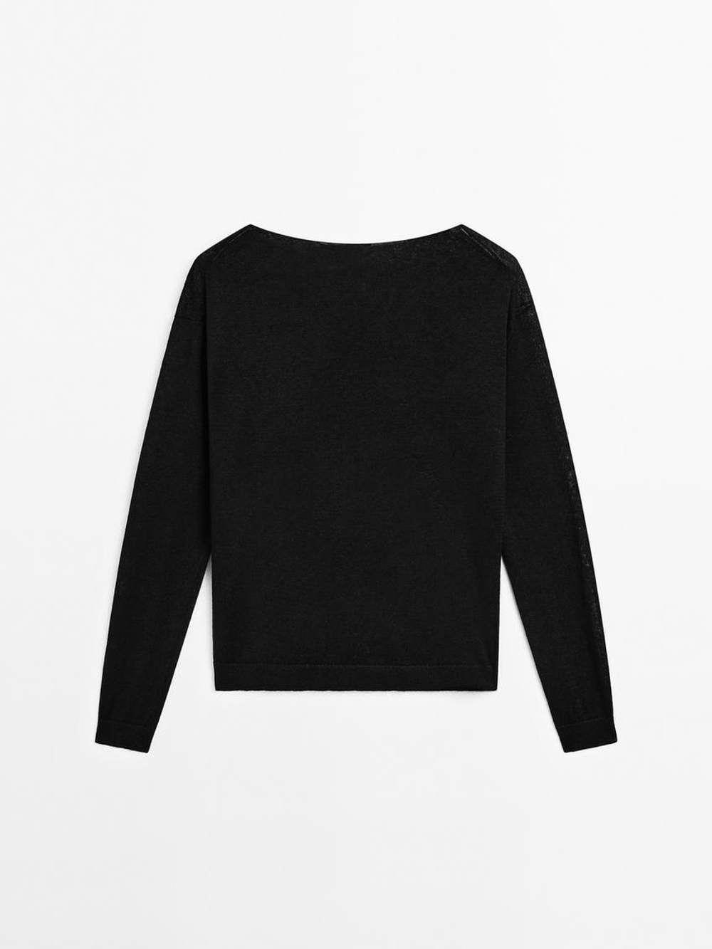 Massimo Dutti Свитер из 100% льна с вырезом лодочкой, черный