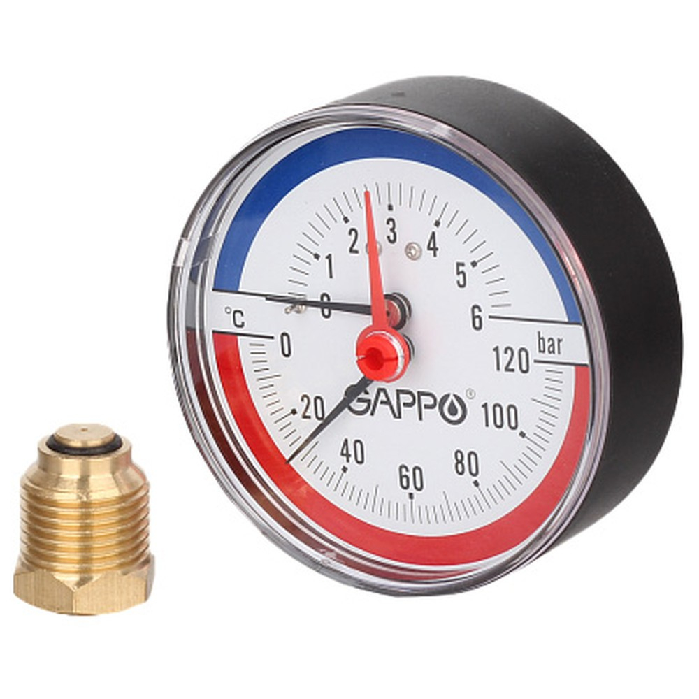 Термоманометр Gappo аксиальный в комплекте с автоматическим запорным клапаном 1/2" x 6 бар