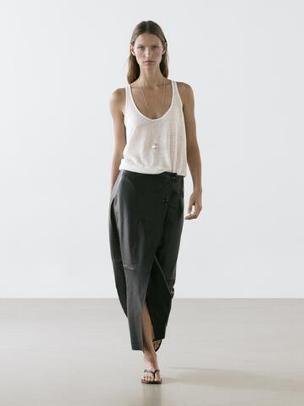 Massimo Dutti Юбка миди из кожи наппа со швами, черный