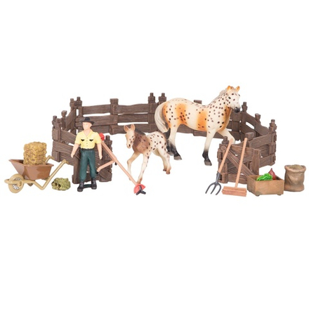 Набор фигурок животных серии "Мир лошадей": Конюшня, лошади, фермер, инвентарь - 16 предметов