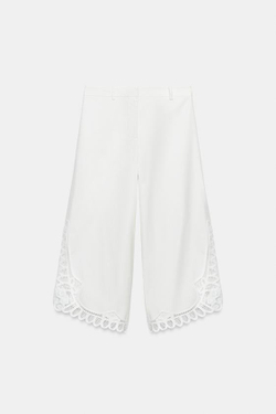 ZARA БРЮКИ С ВЫШИВКОЙ — ZW COLLECTION, ЖЕЛТОВАТО-БЕЛЫЙ