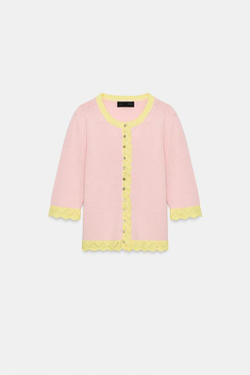 ZARA КАРДИГАН ИЗ ТРИКОТАЖА POINTELLE С КОНТРАСТНЫМИ ДЕТАЛЯМИ, РОЗОВЫЙ