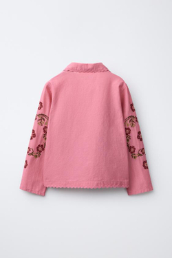 ZARA КУРТКА-РУБАШКА ИЗ ХЛОПКА И ЛЬНА С ВЫШИВКОЙ КРЕСТИКОМ, ЦВЕТ РОЗОВОГО МЕЛА