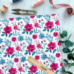Ткань лён ярко-розовые цветы на белом фоне