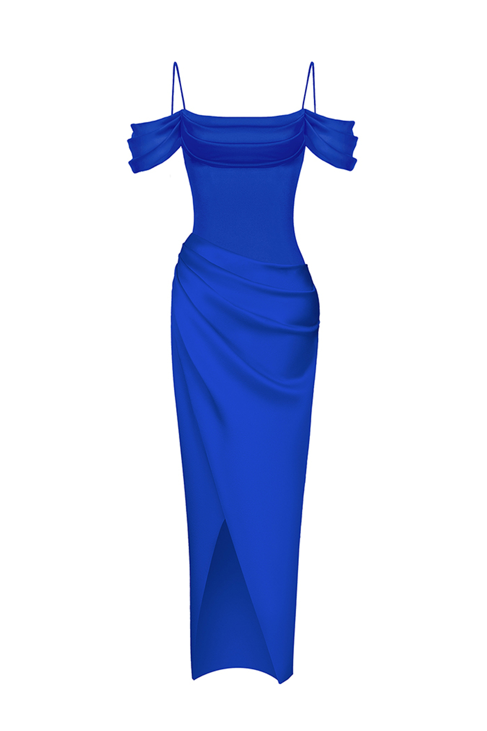 Платье миди удлиненное из сатина драпированное со спущенными рукавами