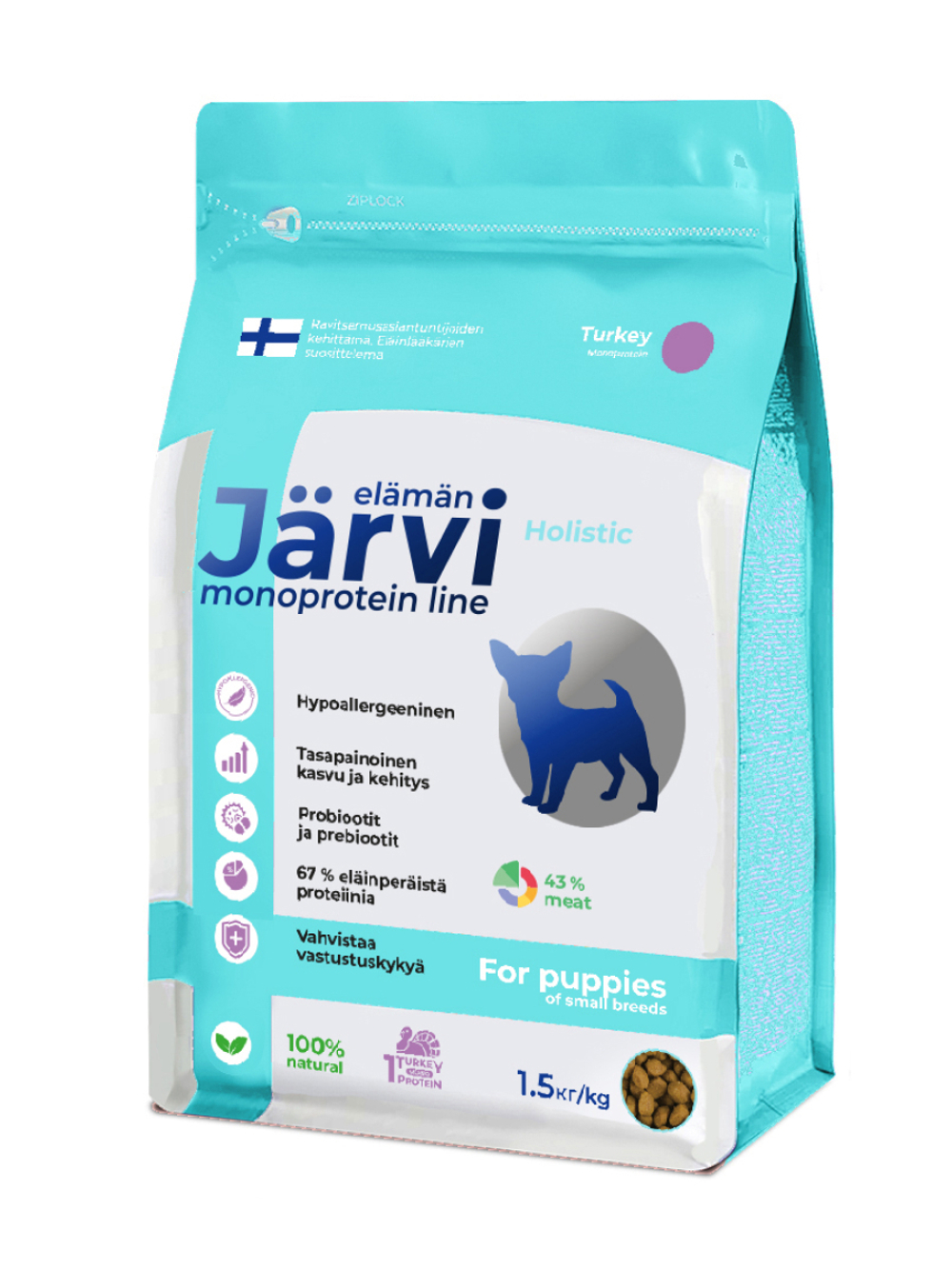 Jarvi сухой монопротеиновый полнорационный корм для щенков мелких пород, Индейка, 1,5кг.
