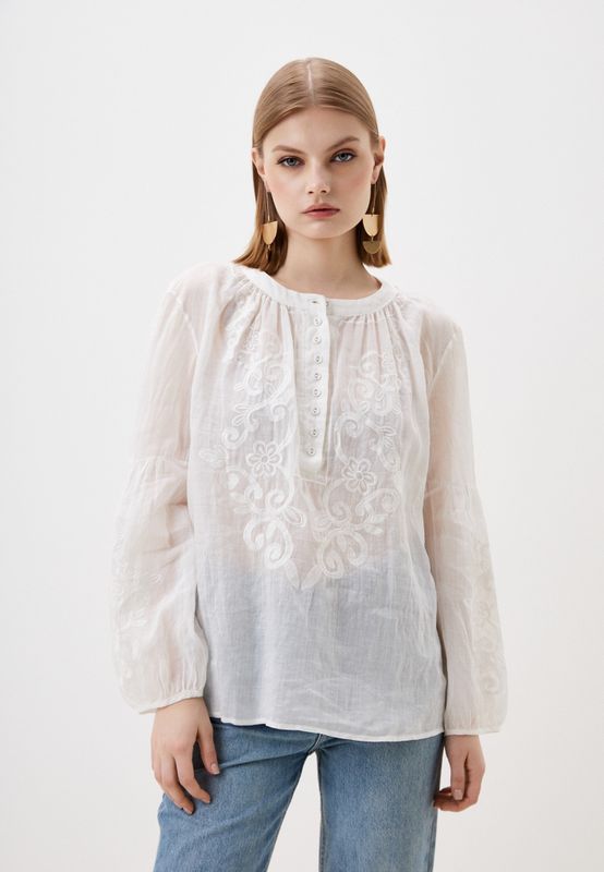 Блуза льняная с круглым вырезом и вышивкой