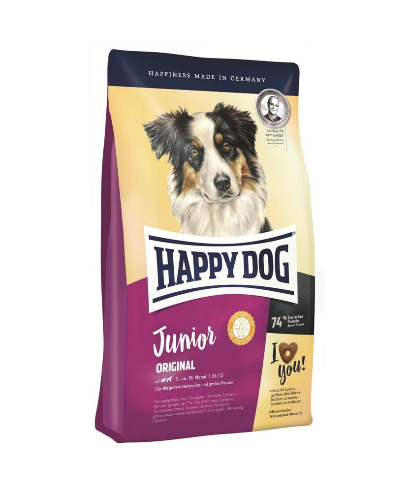 Сухой корм Happy Dog Junior Original для щенков средних и крупных пород с птицей ягненком и рыбой 10 кг