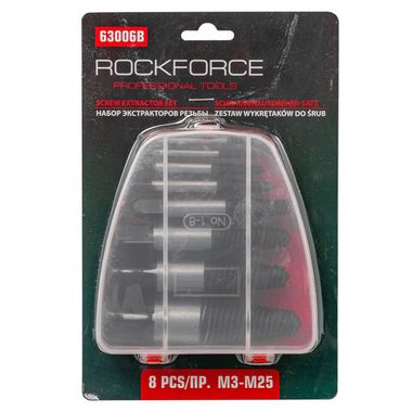 Набор экстракторов резьбы HSS 4241,8пр.(?:3-6мм, 6-8мм, 8-11мм, 11-14мм, 14-18мм, 18-22мм, 20-22мм, 22-26мм, ''мелкий шаг''), в пластиковом футляре RockForce##Rock FORCE RF-63006B