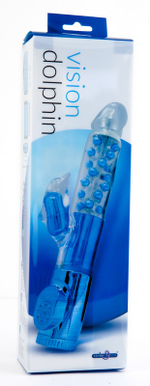 Синий вибратор с клиторальным стимулятором в виде дельфина - 17 см.