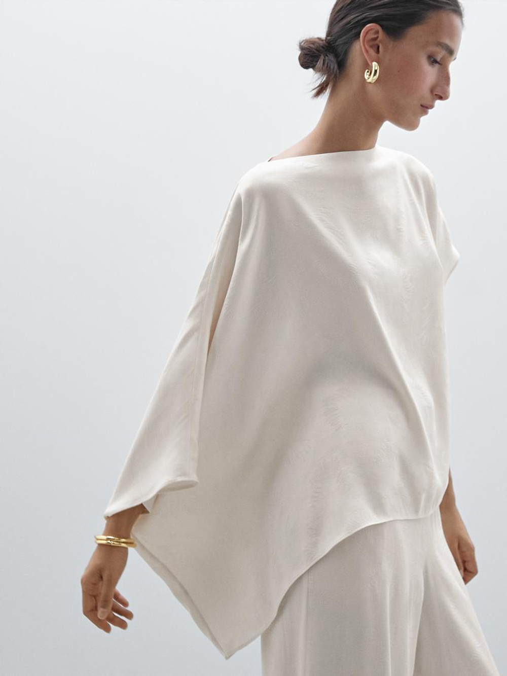 Massimo Dutti Струящийся топ с рукавами-накидкой, натуральный