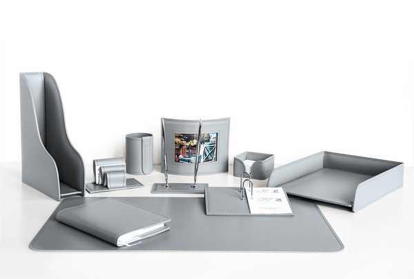 Настольный набор из серой кожи 10 предметов