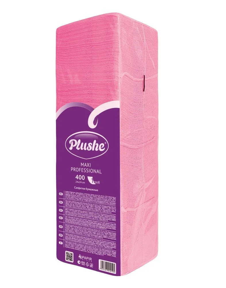 Салфетки бумажные Plushe Maxi Proff розовые 1 слойные, 24*24 см, 400 штук