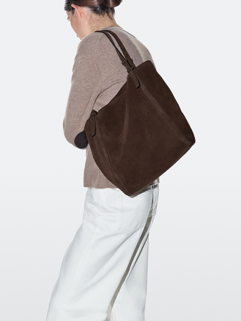 Massimo Dutti Сумка-тоут из натуральной замши, норка