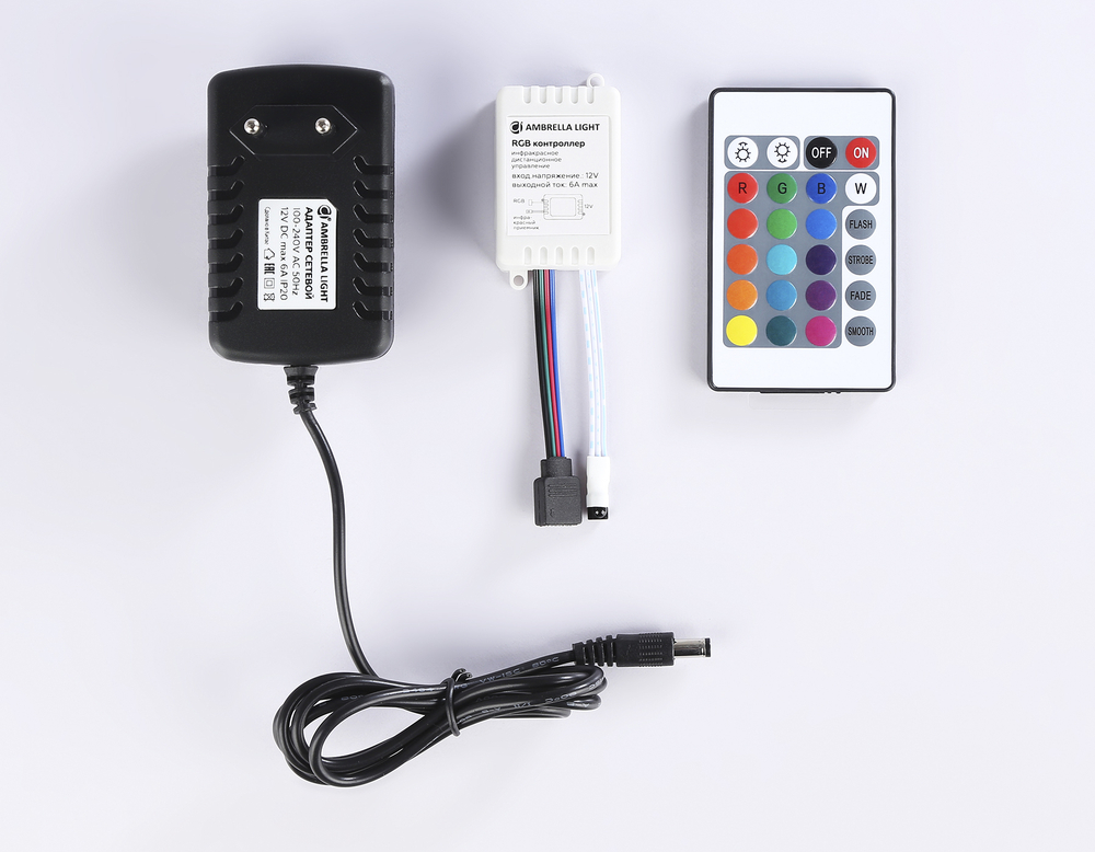 Комплект светодиодной ленты RGB GS2501 5050 30Led/ 7.2W m/ 12V IP65 RGB/ 5000*10*2.87mm/ кратность резки 100mm (4 конт.) (адаптер, вилка, контроллер,