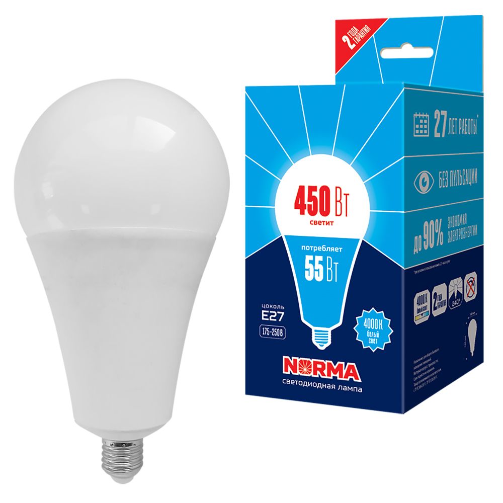 LED-A140-55W-4000K-E27-FR-NR Лампа светодиодная. Форма A. матовая. Серия Norma. Белый свет 4000K. Картон. ТМ Volpe