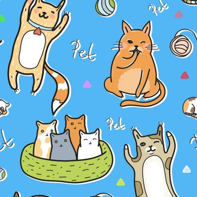 Милые коты и котята на голубом фоне.