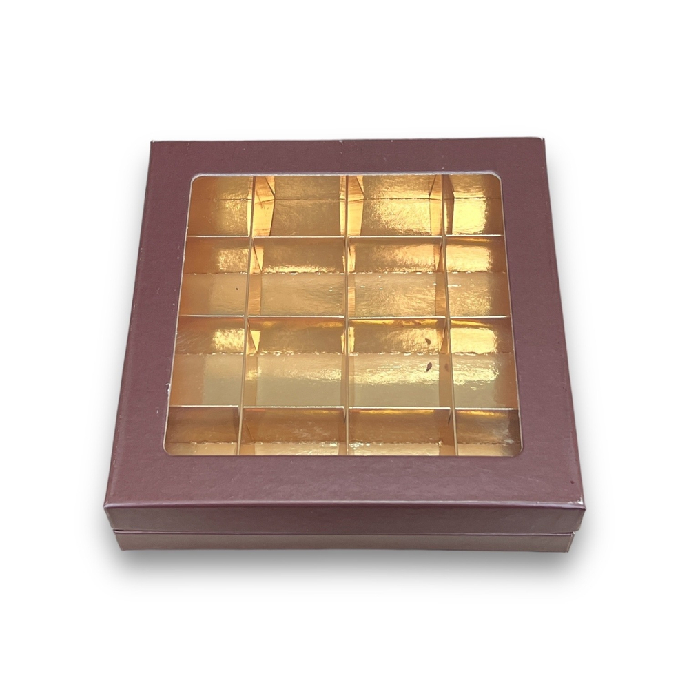 Коробка для конфет ПРЕМИУМ с большим окном 180*180*45 см (16) (шоколад/золото)