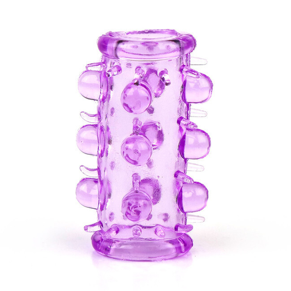 Насадка на фаллос фиолетовая с шипами и бусинами в пластиковой упаковке (Цвет: фиолетовый)