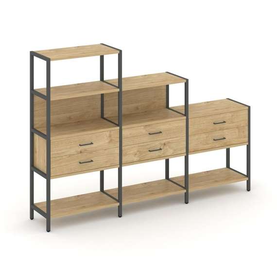 Shelf System Трехсекционный стеллаж четырех/трех/двухярусный с ящиками SN.STM-431 Тиквуд Светлый/Мет